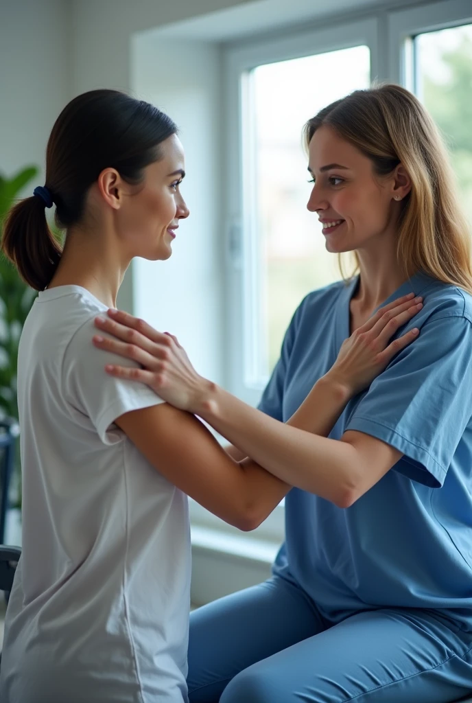 Physiotherapist performing an assisted active exercise on the shoulder of a patient