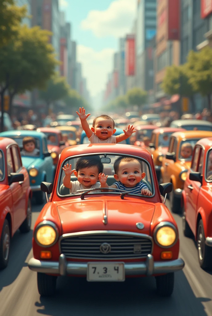 Many cars with babies inside but in one car there is a cat in the distance