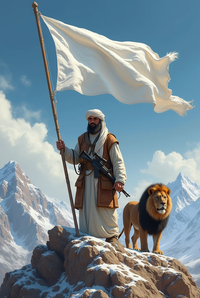 Generate me a picture of the white flag of Afghanistan where a Taliban is on a mountain with a lion 