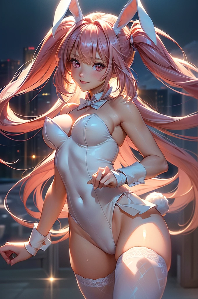((best quality, ultra-detailed, high resolution, extremely detailed CG, super detailed, direct light, Most beautiful clean lighting)), 1 girl, beautiful girl, cute girl and idol face, young face, smile, Beautiful long pink hair, twintails, Beautiful shining red eyes, white skin, slender, Short body, playboy bunny, bunny girl, net tights, rabbit ears.