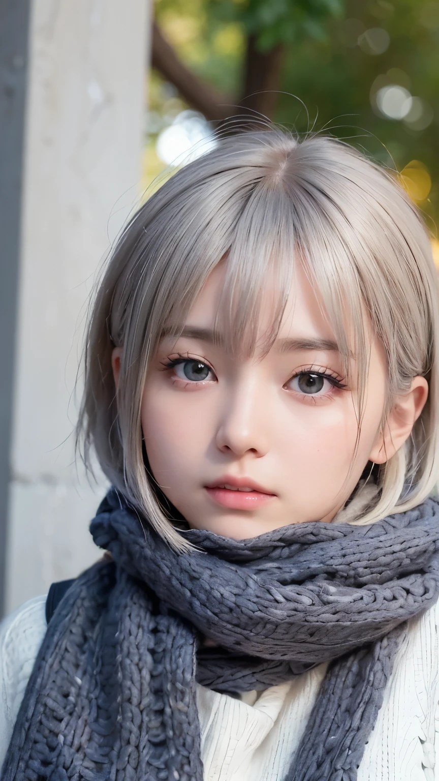 ((No makeup、Close your mouth:1.2))、(Realistic、Photorealistic、Ultra-detailed、Highest Detail Skin、Highest quality、masterpiece、Ultra-high resolution)、Cute Russian Women、、high school girl、young、One Girl、Has bangs、Ash Blonde:1.7、double eyelid、drooping eyes、Japanese style face、purity、Double teeth、Realistic skin types、Thick muffler、Gray muffler、Fluffy hair、((Hair is tucked into the scarf:1.3))、Red cheeks、The wind is blowing、It&#39;s snowing、night、illumination、Lighting from behind