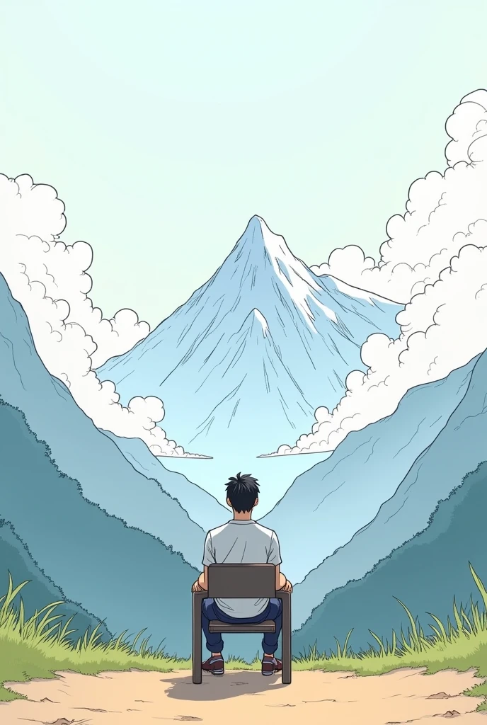 Linedrawing with colour of a man sitting on a chair, somewhere in the mountains looking at the mountain range with clouds. Anime style, not a lot of detail, much clouds. 