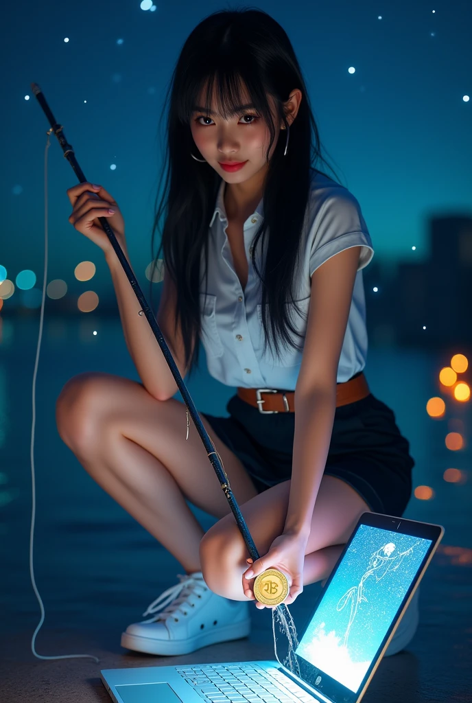Korean-thai teenage girl group female singer, Thai university uniform, black tight slit mini skirt, starry sky, bright stars, slim and perfect figure, medium breasts, emphasize on breasts and hip and bottoms and thigh, rule of thirds, white tight between cap-sleeve and short-sleeve button up shirt for woman, white sneakers, brown suede belt, silver modern canvas belt buckle, silver shirt buttons, black long straight messy hair, beautiful face, dynamic compositions, slender, high detailed, best quality, masterpiece, 32k, ultra high resolution, squat, fishing golden coin from laptop screen:1.4, the laptop is opened 180 degree and put on the floor:1.4, in the dark room, blue water in the laptop screen:1.4, blue light tone, orange highlight, put on the thief mask:1.4, joker smiling face expression:1.4, holding the fishing rod:1.4, a lot of bitcoins come out from laptop screen
