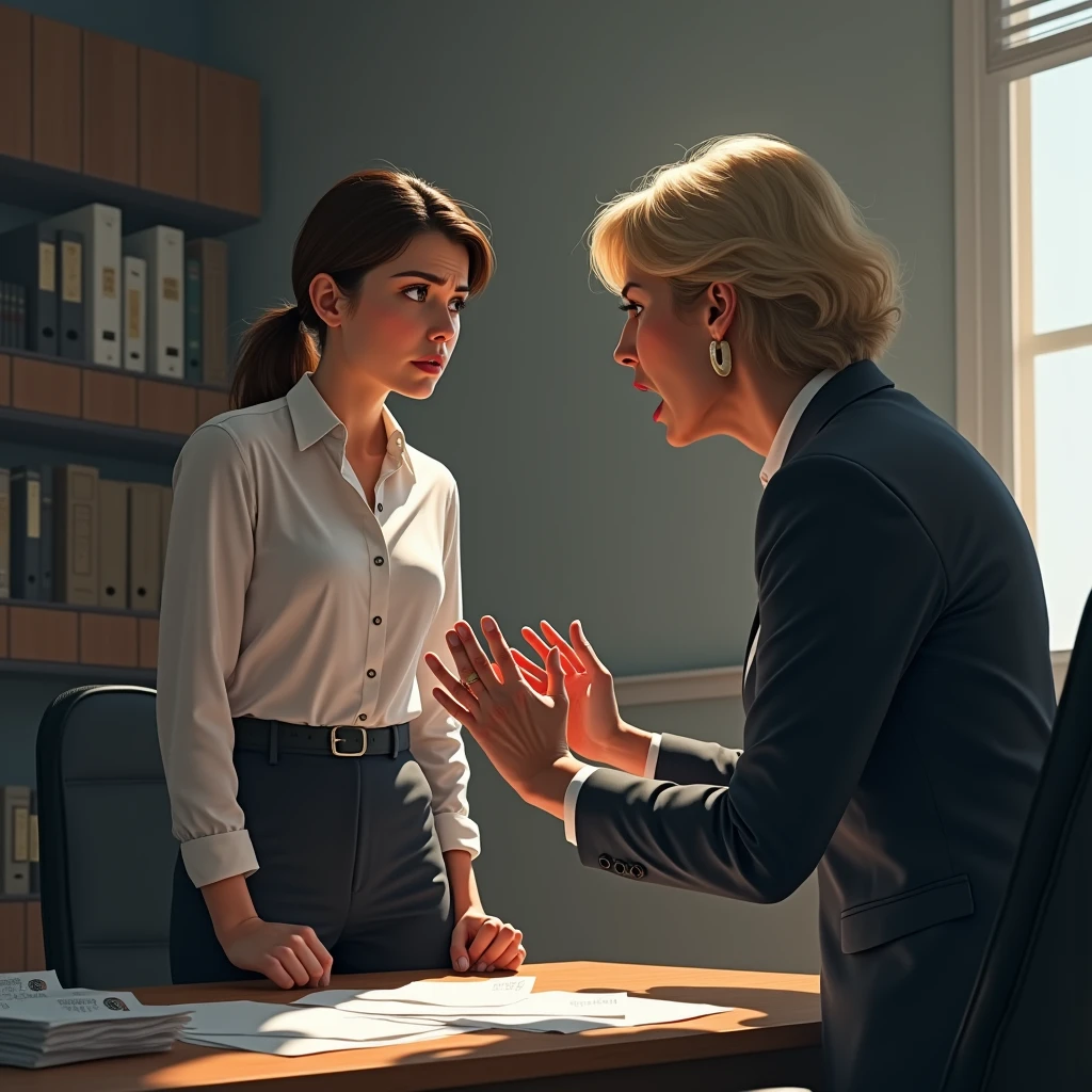 A female new employee makes a mistake at work and is severely scolded by her female boss