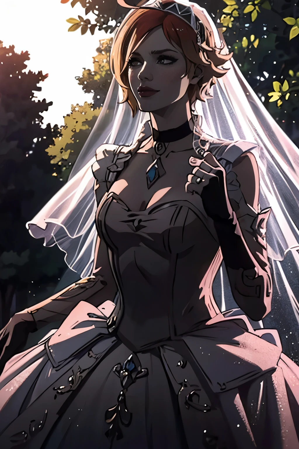 Lilith Borderlands,  hair between eyes, ahoge, blonde hair, star \(symbol\), hair ornament, ruffled tulle dress, cleavage, bare shoulders, collarbone, long black elbow gloves, black gloves, black dress, black choker, strapless, tiara, veil, strapless dress, princess dress, veil, beautiful woman, perfect body, perfect breasts, wearing a princess dress, ball gown, in the park trees, wedding decorations, a warm smile, realism, masterpiece, textured skin, super detail, high detail, high quality, best quality, 1080p, 16k