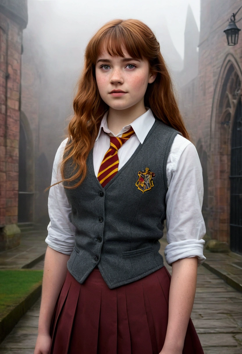 An illustrated movie poster, hand-drawn, full color, a teenage Hogwarts student, 18-years-old, female, wearing a charcoal vest and a pleated skirt, athletic hourglass figure, busty bosoms, full wide hips, massive round butt, long shapely legs, ridiculously thick powerful thighs, vibrant eyes, red auburn hair, thick shaggy bangs, flushed sun-kissed complexion, freckles, resembles Willa Fitzgerald, standing in a foggy Hogwarts courtyard, surrounded by mist, graphite shading, stencil marks, airbrushed acrylic paint, masterpiece