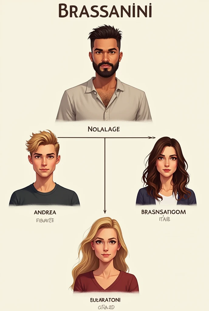 Create a family tree according to the order of people below, from oldest to youngest Andrea Brassanini - male -Italy Luis Brassanini - male - Brazil Eunildo Brassanini - male - Brazil Valmor Brassanini - male - Brazil Thalita Brassanini - female - Brazil Lucas Brassanini Soares - male - Brazil Use avatar to represent each person, Lucas is the youngest and is , others are already adults (both with blonde hair)
Represent with your name and country of origin