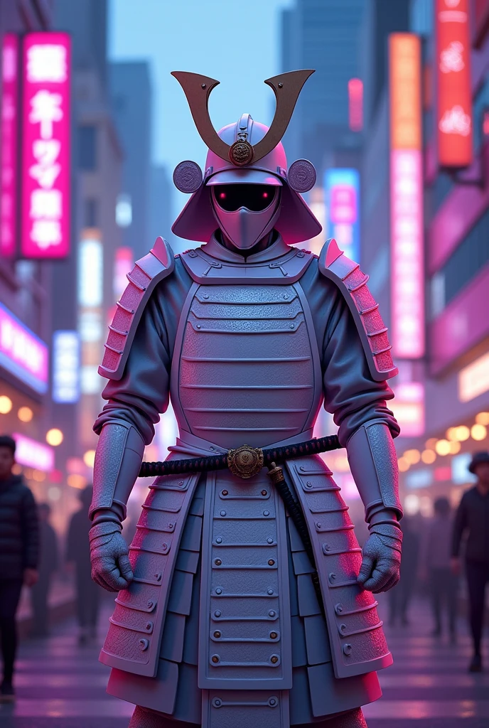 A samurai in white armor in Tokyo with purple cartoon-style lights