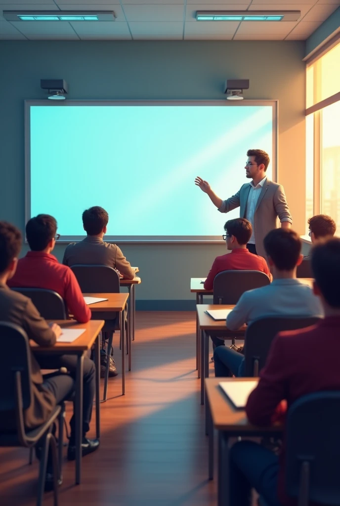 A class room of Bright School where A white board, A teacher Teaching With Smart board, There are 18 student and all are boys, This ic Class 9.  One side Corner Bright School logo