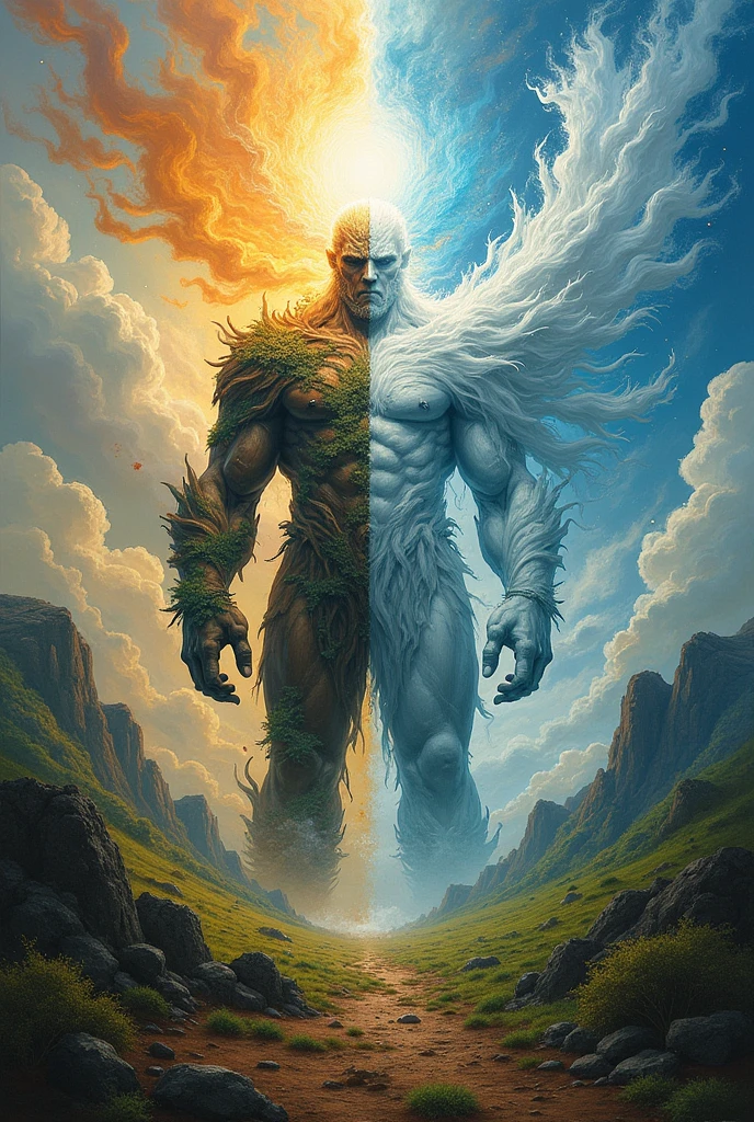 I would like to request the creation of an image of a painting representing the elements of air and earth..

element earth: The must include the land, dainty, mas forte, with characteristics that refer to vegetation. The colors should be green and brown, with textures that evoke the stability and fertility of the earth.

Element Ar: On the other side of the globe, depict a figure representing air, with a dynamic and intense presence.. The predominant colors should be light blue or white, with details reminiscent of clouds or wind, emphasizing power and turbulence.

The overall design should integrate these elements into a cohesive and visually striking design that conveys the contrast and interplay between earth and air..