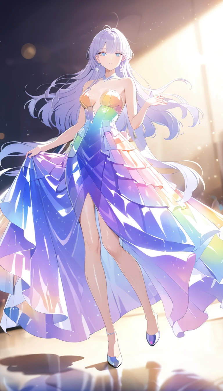  ((high detail, high quality, best picture, Masterpiece, 8k, delicate and dynamic depiction)),full body standing, sexy pose, beautiful woman in her 20s with medium breasts, she is wearing a Gorgeous and voluminous dress made of lots of fabric, Luminous design, shiny glossy iridescent clothes, shiny glossy gradient iridescent clothes, shiny reflective clothes, pastel colors, ink drops, morning lights, Bokeh, Pale, soft gradient, 177013