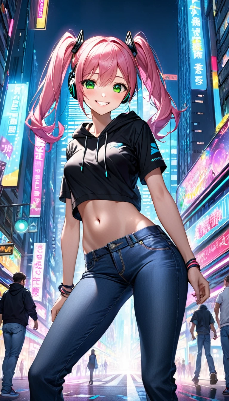 masterpiece, 1girl ((20year old, Black short sleeve hoodie exposes navel, tight blue jeans, medium breasts, multicolor pink hair, twin ponytails, green eyes, flirting, happy, big smile, headphones, standing in a street at night, neon lights and towering skyscrapers, futuristic and energetic atmosphere))