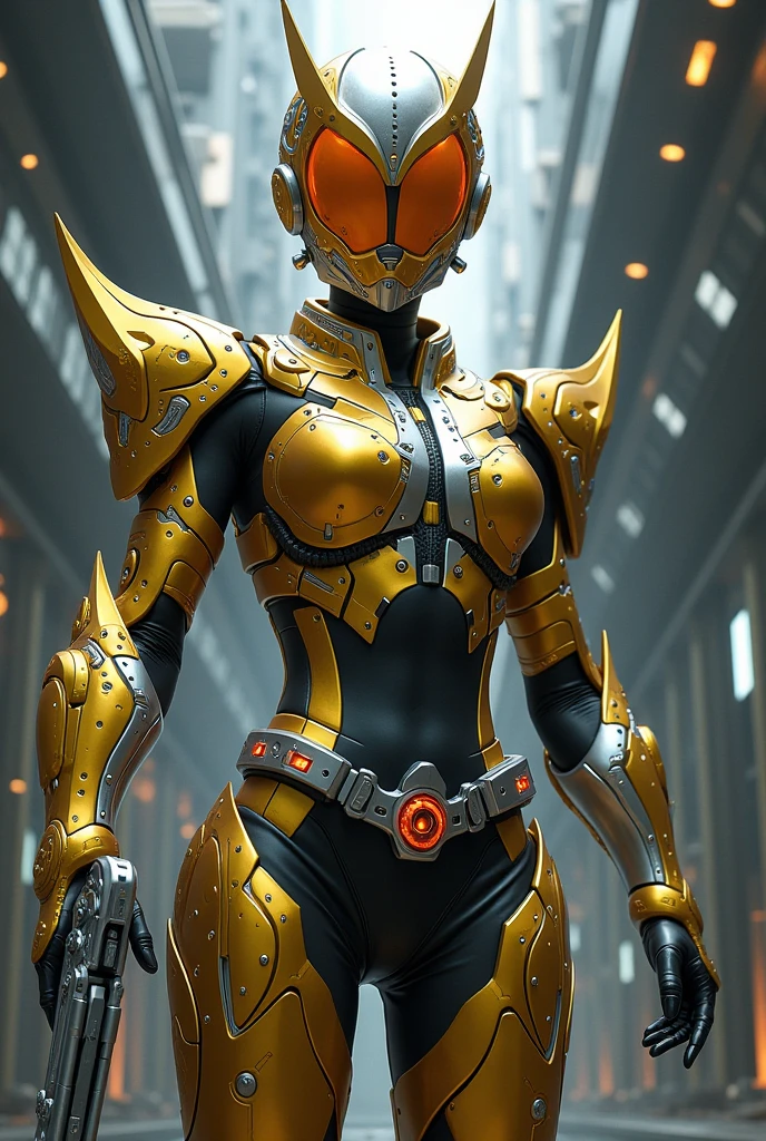 dragon , kamen rider , cyberpunk , women , gun , golden & silver armor , Clear hand ,Background of the military ,Close all pages