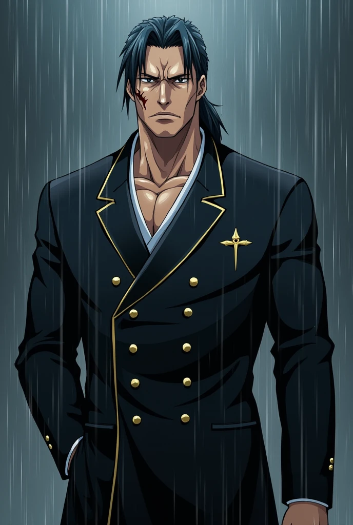 Create a male Captain from Bleach who is serious and has bigger body shape with dark hair and scar of blade on face in a rain