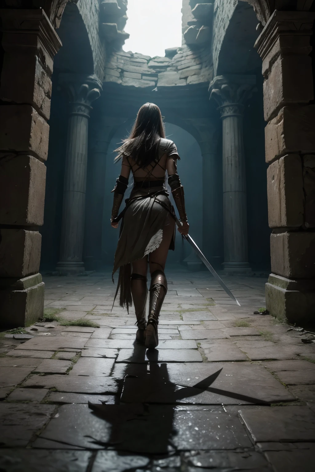 create an image of Malenia blade of miquella walking towards the viewer in an imposing stance and dragging the sword on the floor of a ruined vaulted dungeon. 