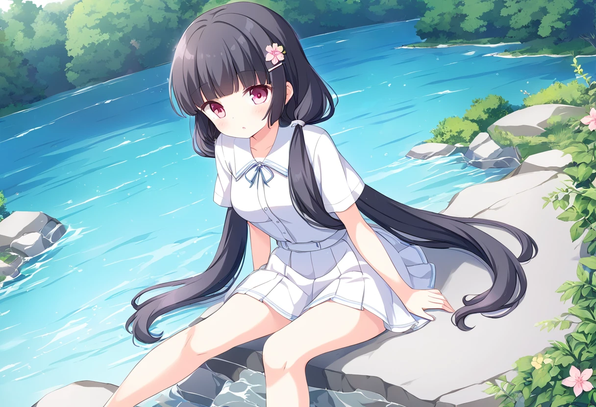 MORIZONOMEI, BLACK HAIR, HAIR FLOWER, HAIRCLIP, BLUNT BANGS, LOW TWINTAILS, HAIR OVER SHOULDER, LONG HAIR, PINK EYES,high resolution、anime、alone, clear,Mountain riverside、sitting on stone、high school girl、White dress、White, fine-grained skin,Small Mouth, Beautiful Japanese Woman, , clearな下着、White underwear、Smaller breasts、Beautiful breasts、Splashing water with your feet、You can see inside her skirt、I can see your pants