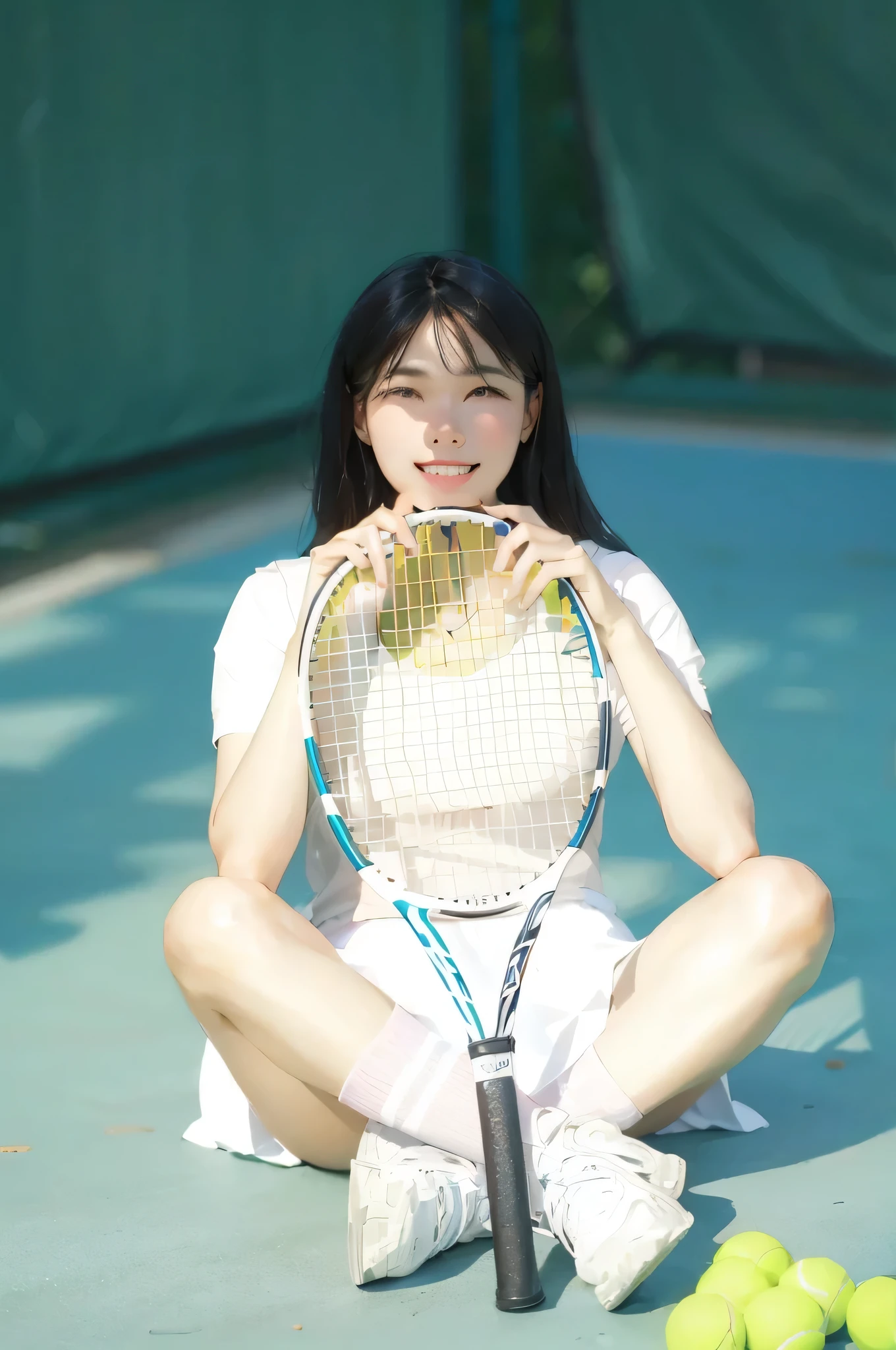 A girl，Sitting on the tennis court，Mobile phone holding a tennis racket，Chin on the racket，sweet，Smile，Highest quality，Beautiful long hair，