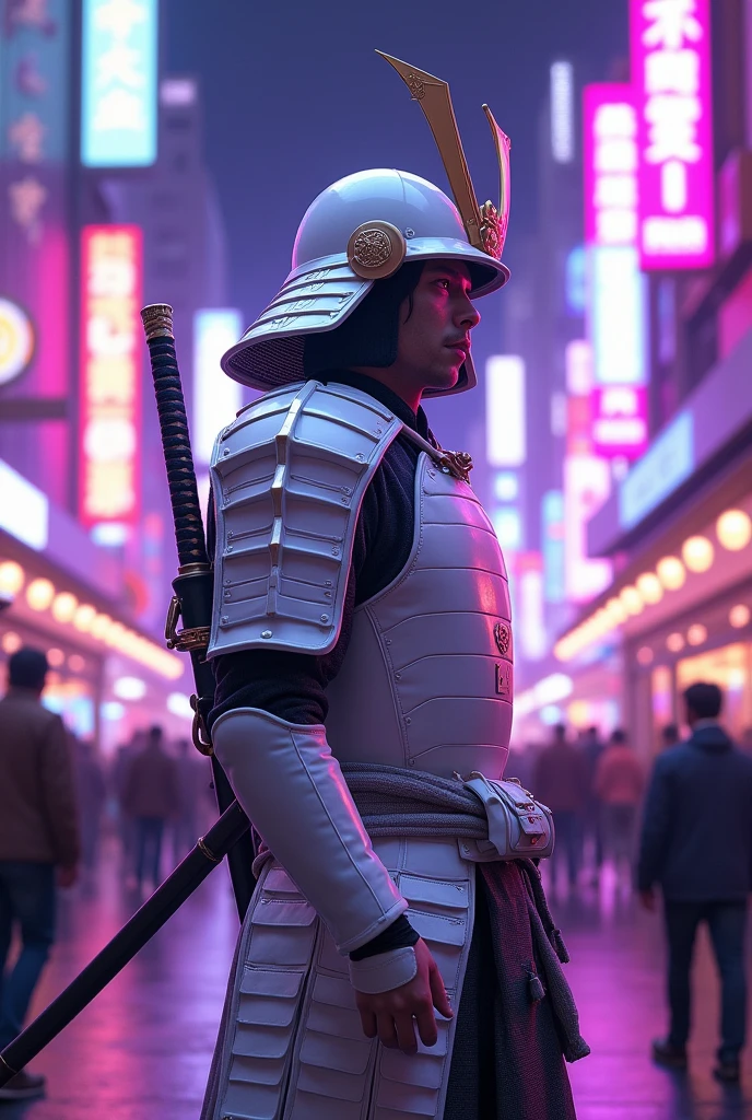 A samurai in white armor in Tokyo with purple cartoon-style lights