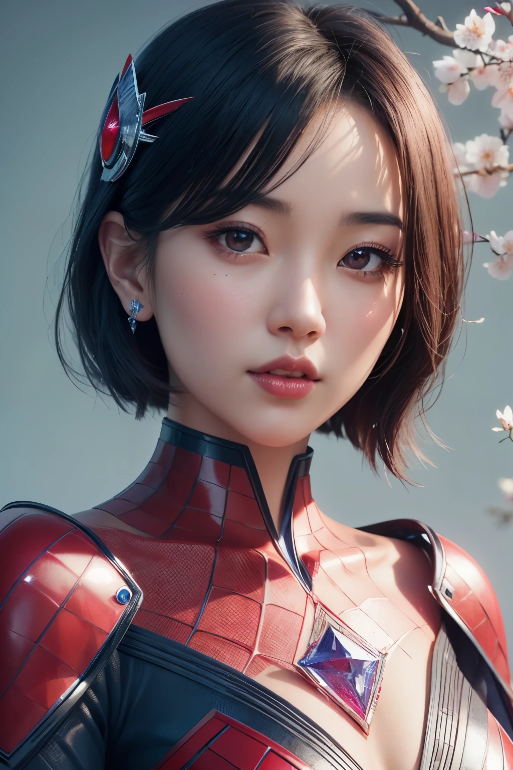 (close up:1.2), beautiful japanese young woman, wearing spiderman armor made of diamond and sapphire, thick symmetrical features, very short hair, background is cherry blossoms, pink aura, red lips, octane render,