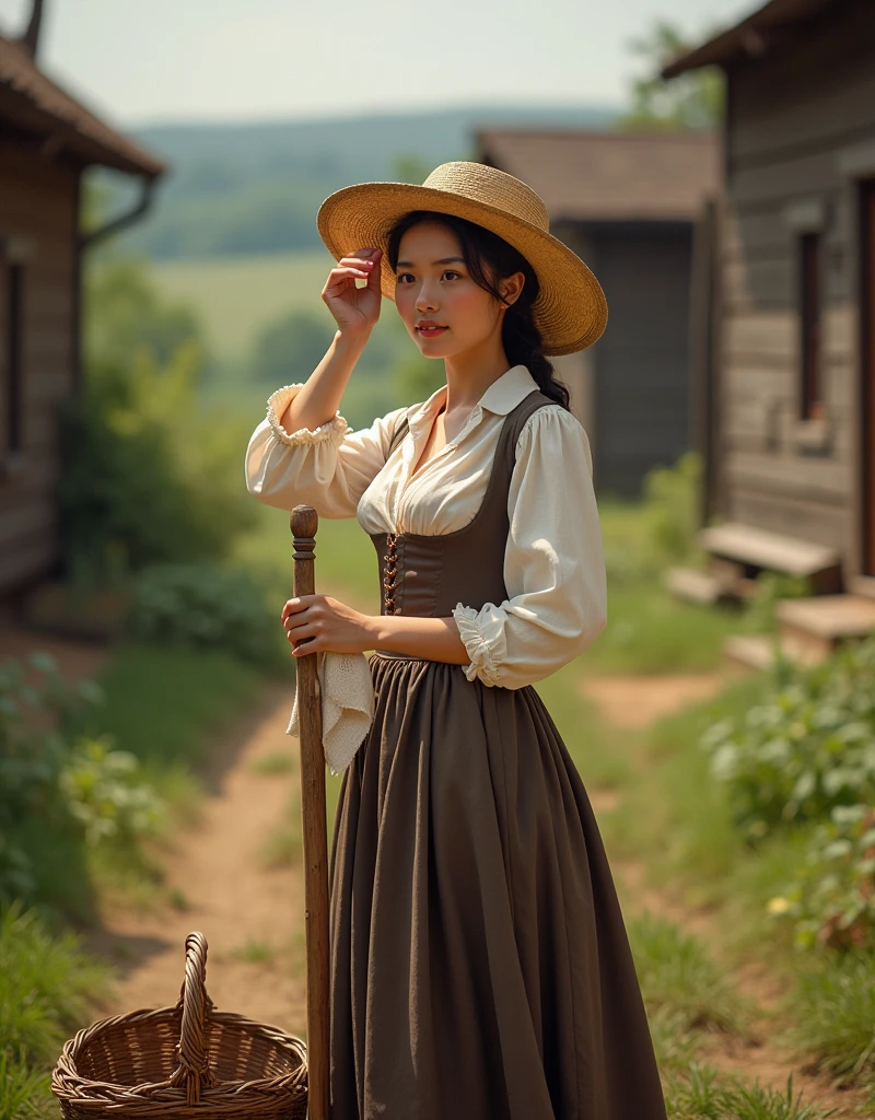 A beautiful woman dressed as a farmer in mid-19th century clothing stands on a farm, wiping sweat from her forehead with a handkerchief. She wears a light-colored blouse with rolled-up sleeves, a corseted bodice, and a long skirt, typical of the era. A wide-brimmed straw hat shades her face, and her expression is serene and composed. She is holding a wooden handle, possibly of a farming tool, and there is a wicker basket beside her, with a background of a rustic farmyard and wooden structures. The scene is set in a sunny, rural landscape with greenery in the distance