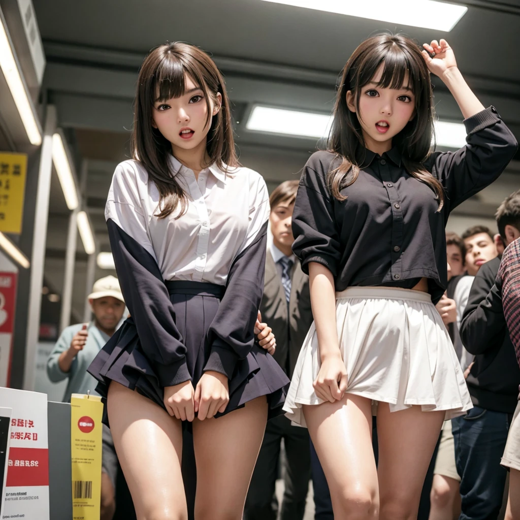 Beautiful and innocent high school girl, Running around in public in sexy underwear, Screaming with her mouth open in shame at being seen, Glaring shyly at the viewer, Shopping mall,Beautiful brown bob hair, Increased sensitivity, Beautiful Eyes, Ultra high definition, Clear white skin, Slender body, Japanese, Anatomically correct