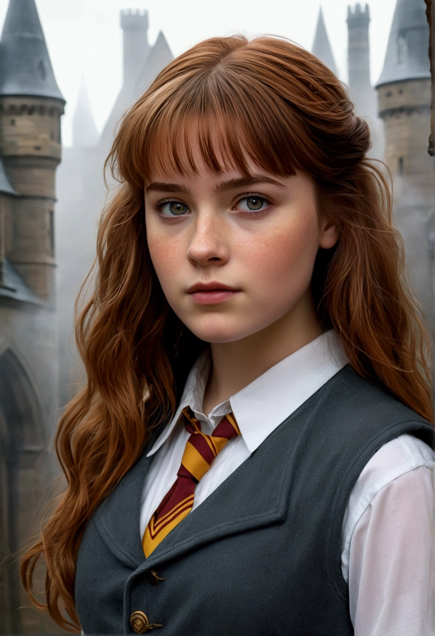 An illustrated movie poster, hand-drawn, full color, a teenage Hogwarts student, 18-years-old, female, wearing a charcoal vest and a pleated skirt, athletic hourglass figure, busty bosoms, full wide hips, massive round butt, long shapely legs, ridiculously thick powerful thighs, vibrant eyes, red auburn hair, thick shaggy bangs, flushed sun-kissed complexion, freckles, resembles Willa Fitzgerald, standing in a foggy Hogwarts courtyard, surrounded by mist, graphite shading, stencil marks, airbrushed acrylic paint, masterpiece, close-up shot, in the style of the Deathly Hallows
