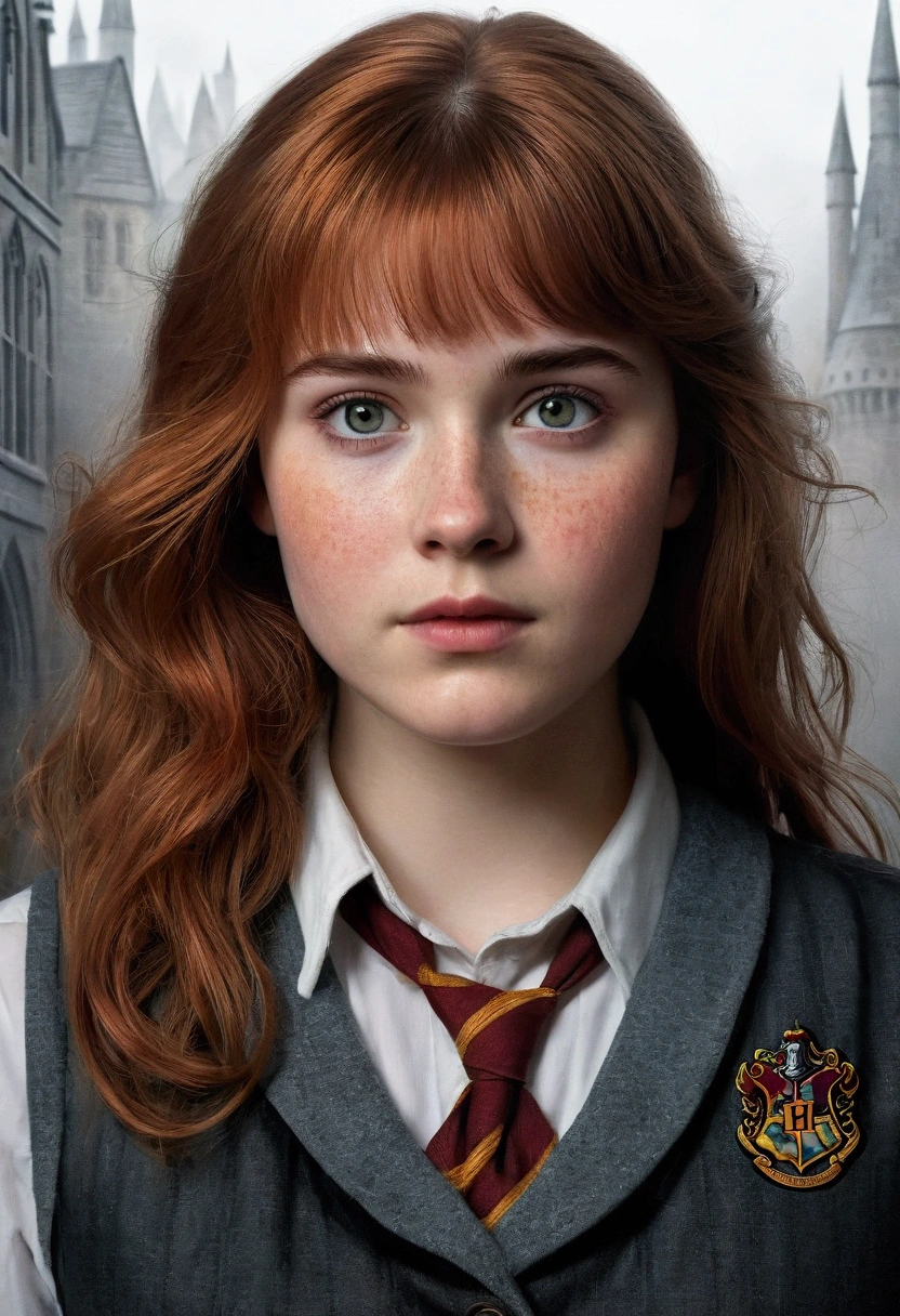 An illustrated movie poster, hand-drawn, full color, a teenage Hogwarts student, 18-years-old, female, wearing a charcoal vest and a pleated skirt, athletic hourglass figure, busty bosoms, full wide hips, massive round butt, long shapely legs, ridiculously thick powerful thighs, vibrant eyes, red auburn hair, thick shaggy bangs, flushed sun-kissed complexion, freckles, resembles Willa Fitzgerald, standing in a foggy Hogwarts courtyard, surrounded by mist, graphite shading, stencil marks, airbrushed acrylic paint, masterpiece, close-up shot, in the style of the Deathly Hallows
