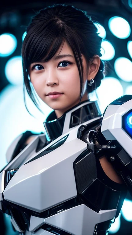 Wide-angle shot, 1 female, Mecha, Glowing black eyes, Very cute face, (Realistic:1.37), バイオMechaニカル, Spaceship interior bokeh background, Ultra-realistic, Very detailed, Very intricate details, Beautiful woman in focus、