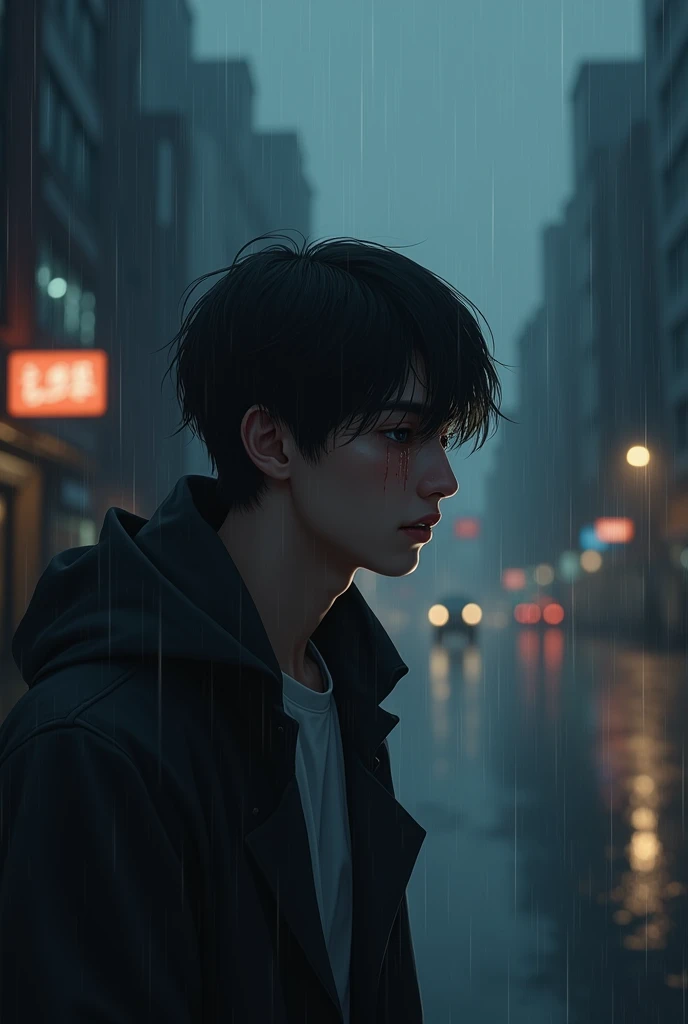create a music cover about a young man in his 20s sad about the loss of his beloved in a rainy city setting