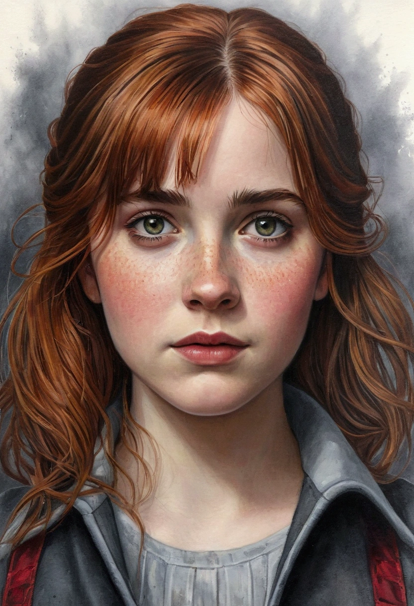 An illustrated movie poster, hand-drawn, full color, a teenage Hogwarts student, 18-years-old, female, wearing a charcoal vest and a pleated skirt, athletic hourglass figure, busty bosoms, full wide hips, massive round butt, long shapely legs, ridiculously thick powerful thighs, vibrant eyes, red auburn hair, thick shaggy bangs, flushed sun-kissed complexion, freckles, resembles Willa Fitzgerald, standing in a foggy Hogwarts courtyard, surrounded by mist, graphite shading, stencil marks, airbrushed acrylic paint, masterpiece, close-up shot, in the style of the Deathly Hallows