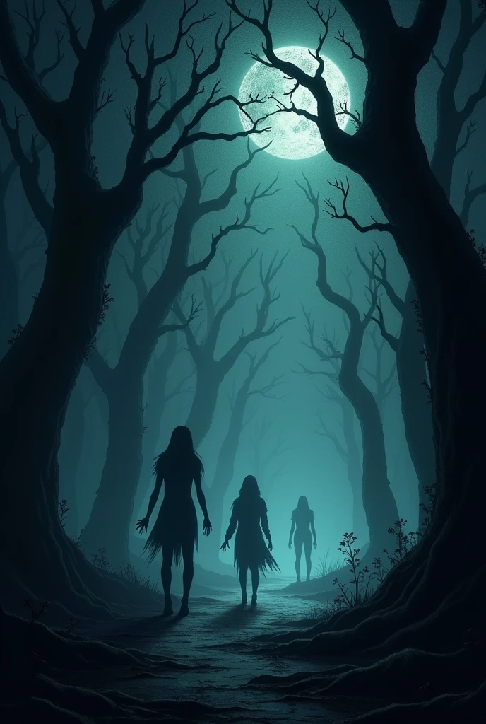 Mysterious Noises image: Shadows or glowing lights emerging from between trees in the dead of night, suggesting the presence of ominous noises or supernatural activity. Animations 