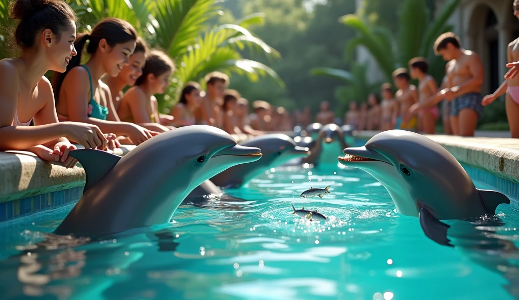 Humans are feeding dolphins sardines、Location: Pool、Photorealistic、high resolution、