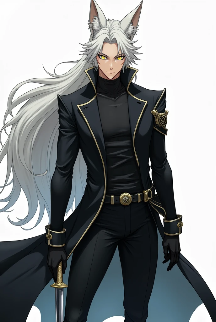 tall handsome man,thin and strong,yellow eyes,アニメ,fox ears, black clothing, holding a katana,White hair