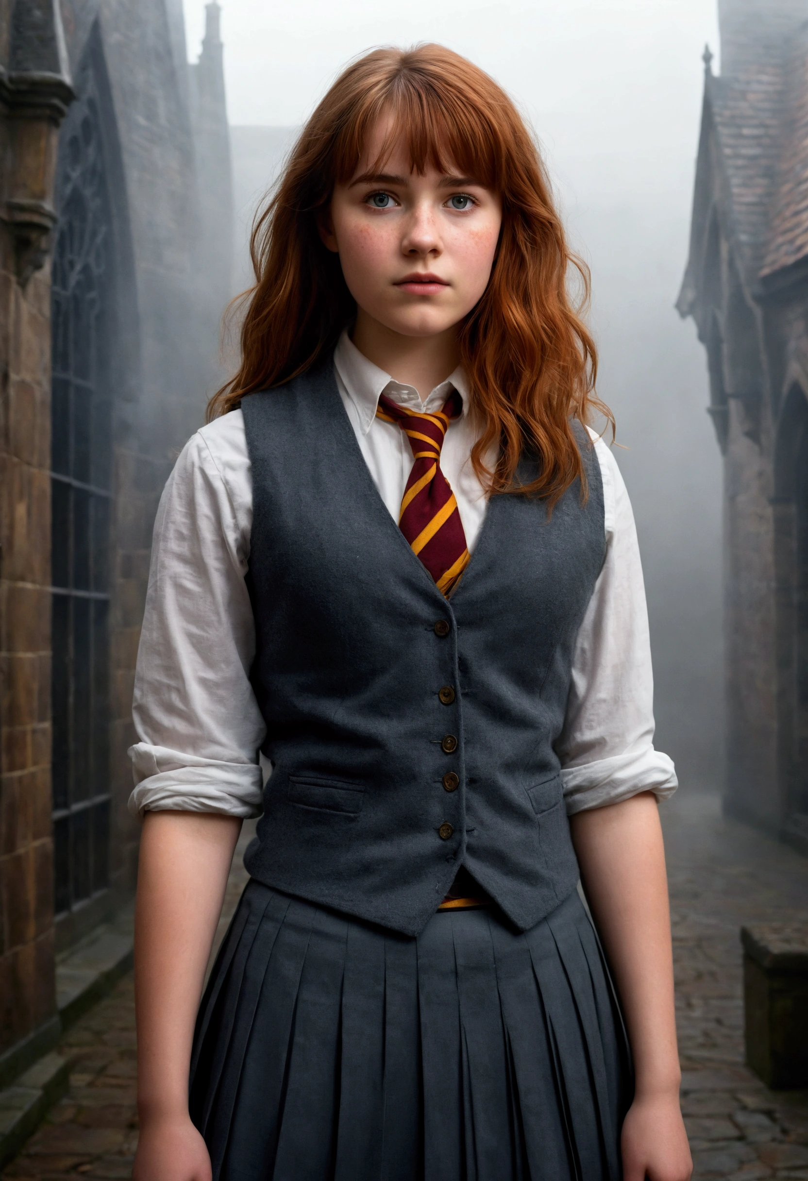 An illustrated movie poster, hand-drawn, full color, a teenage Hogwarts student, 18-years-old, female, wearing a charcoal vest and a pleated skirt, athletic hourglass figure, busty bosoms, full wide hips, massive round butt, long shapely legs, ridiculously thick powerful thighs, vibrant eyes, red auburn hair, thick shaggy bangs, flushed sun-kissed complexion, freckles, resembles Willa Fitzgerald, standing in a foggy Hogwarts courtyard, surrounded by mist, graphite shading, stencil marks, airbrushed acrylic paint, masterpiece, close-up shot, in the style of the Deathly Hallows