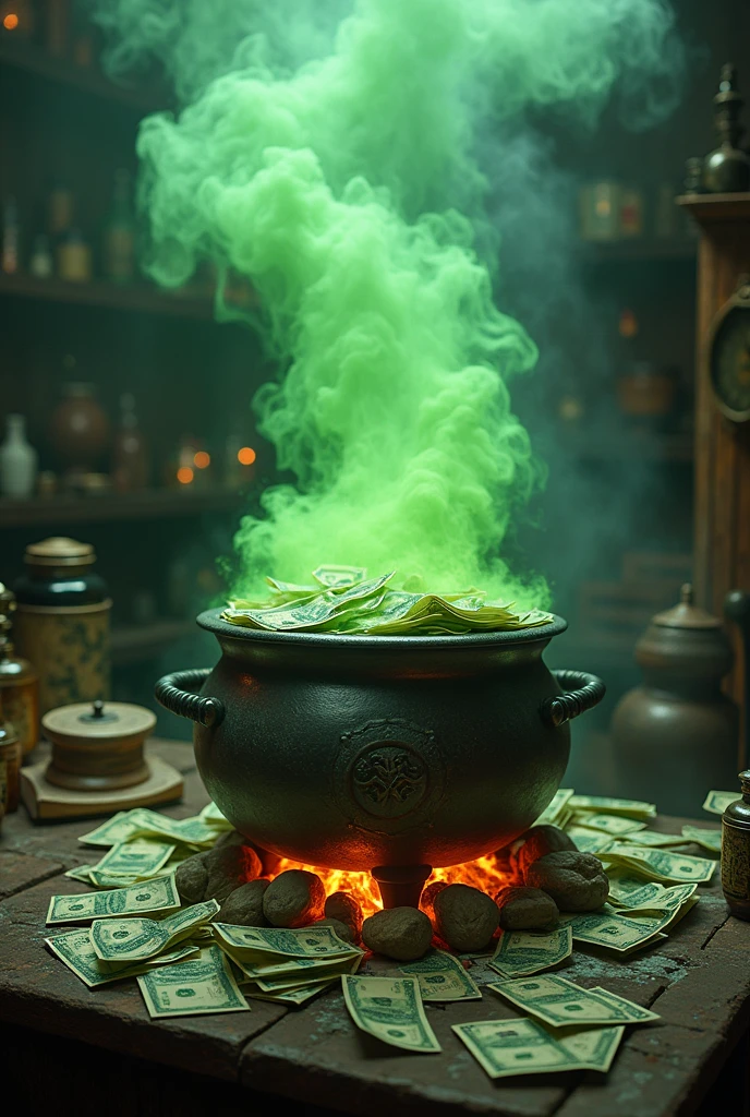 Imagine an aged metal cauldron, placed on a crackling fire in a sorcerer's apprentice laboratory. The cauldron is overflowing with banknotes, qui tombent en cascade autour de lui. Thick green smoke billows from the cauldron, and as she rises, she forms the words "La recette du million" above the cauldron, floating magically in the air. Smoke mixes with other strange objects in the laboratory : potions, open grimoires, and various magical instruments. The whole thing is bathed in a subdued and mysterious light., adding a touch of adventure and magic to the scene.