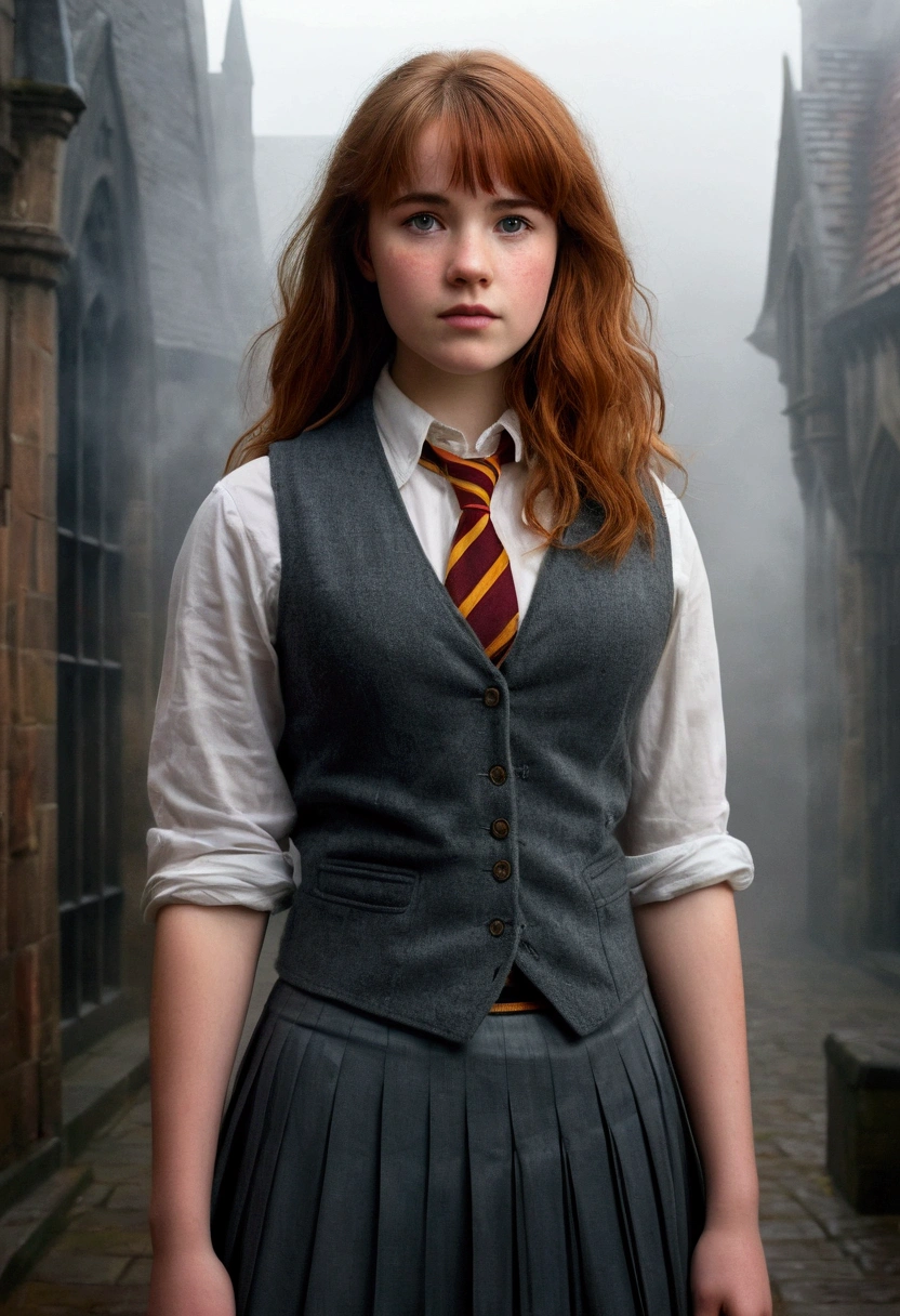 An illustrated movie poster, hand-drawn, full color, a age Hogwarts student, 18-years-old, female, wearing a charcoal vest and a pleated skirt, athletic hourglass figure, busty bosoms, full wide hips, massive round butt, long shapely legs, ridiculously thick powerful thighs, vibrant eyes, red auburn hair, thick shaggy bangs, flushed sun-kissed complexion, freckles, resembles Willa Fitzgerald, standing in a foggy Hogwarts courtyard, surrounded by mist, graphite shading, stencil marks, airbrushed acrylic paint, masterpiece, close-up shot, in the style of the Deathly Hallows