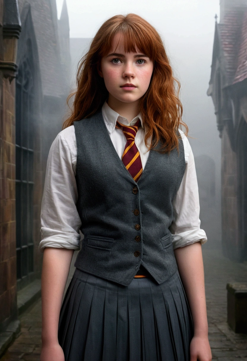 An illustrated movie poster, hand-drawn, full color, a age Hogwarts student, 18-years-old, female, wearing a charcoal vest and a pleated skirt, athletic hourglass figure, busty bosoms, full wide hips, massive round butt, long shapely legs, ridiculously thick powerful thighs, vibrant eyes, red auburn hair, thick shaggy bangs, flushed sun-kissed complexion, freckles, resembles Willa Fitzgerald, standing in a foggy Hogwarts courtyard, surrounded by mist, graphite shading, stencil marks, airbrushed acrylic paint, masterpiece, close-up shot, in the style of the Deathly Hallows