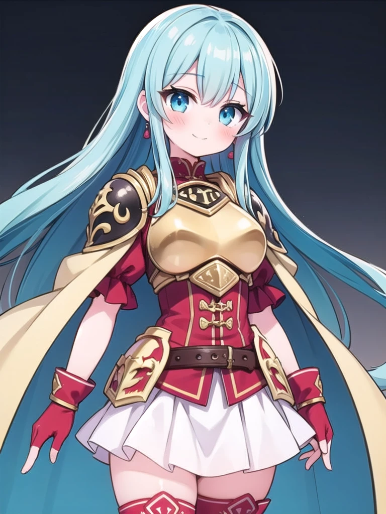 1girl, masterpiece, best quality, perfect hands, blush, smile, closed mouth, cowboy shot, def_eirika, blue hair, very long hair, long hair, red fingerless gloves, belt, armor, red thigh boots, shoulder armor, breastplate, yellow cape, zettai ryouiki, thighhighs, earrings, puffy short sleeves, red shirt, white skirt, miniskirt, blue eyes