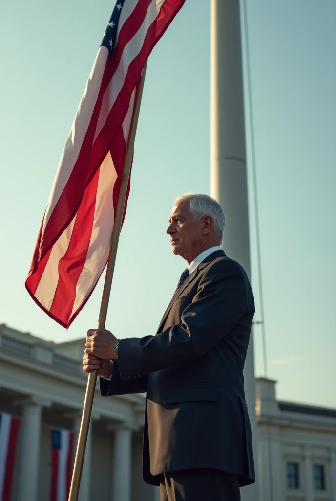 man lowering a flag