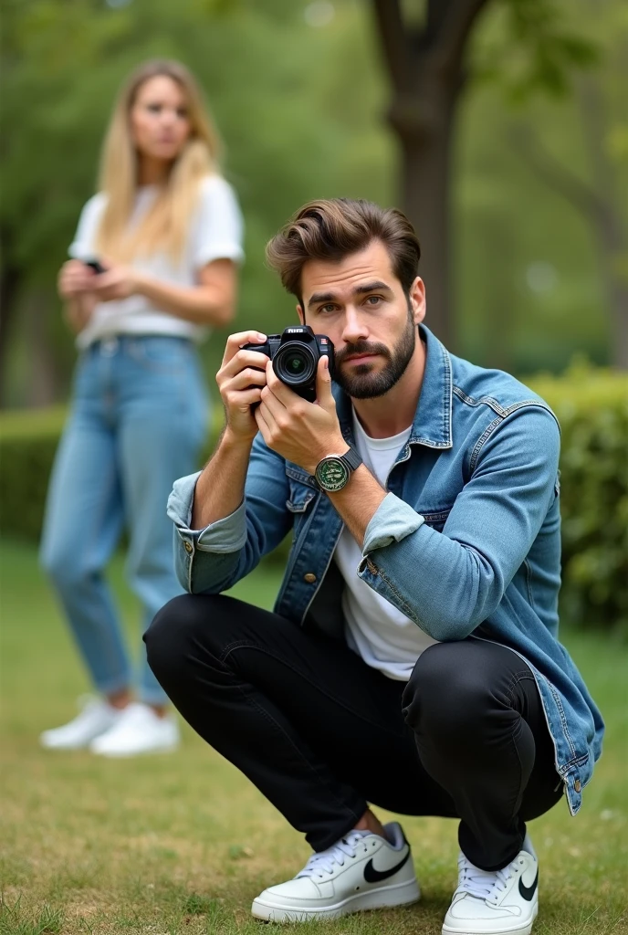 Create a realistic photo, typical Spanish man with a beard and mustache, very handsome man with a charming and deep look, green eyes, brown hair, ((full body)) hyper realistic photos, dressed with black jeans , a white t-shirt, a blue denim jacket, white brand shoes: (Nike), crouching down taking a photo of a pretty blonde woman with blonde hair who is facing away background images: in a park, head to toe, full body, hyper realistic photo