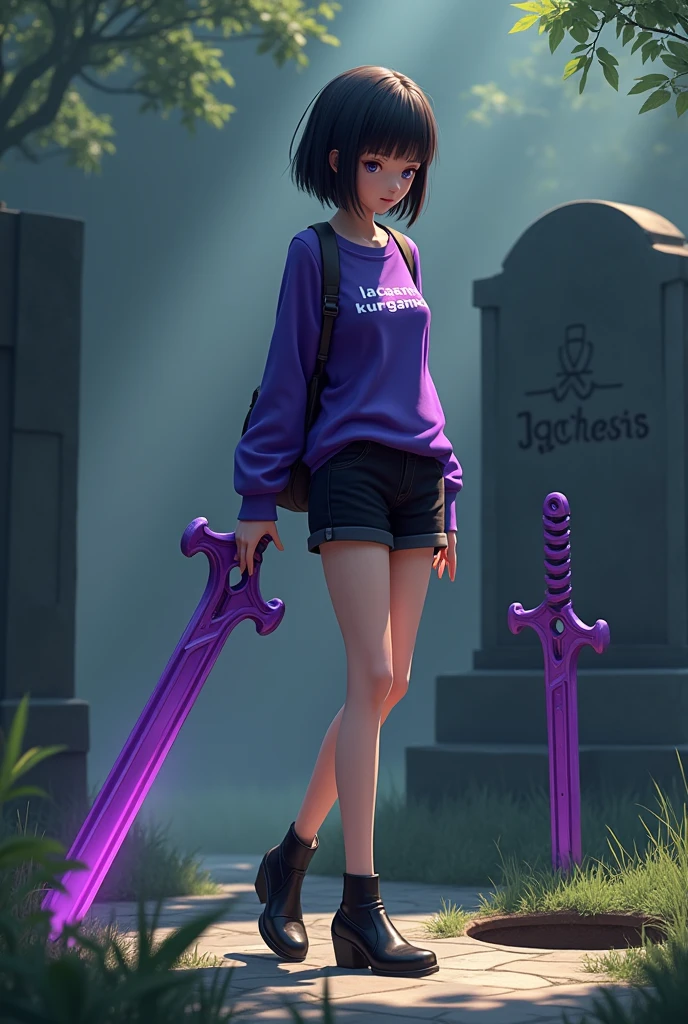 1 Japanese woman,Age 16,short hair,Purple long-sleeved shirt with the words Lacasena Kurogane written on it.,black short pants,black high heels,Purple wrench sword on the back,behind,The tombstone is written as Lachesis.,A purple wrench sword is stuck next to the hole.