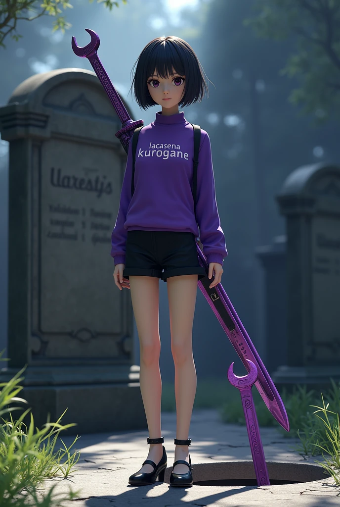 1 Japanese woman,Age 16,short hair,Purple long-sleeved shirt with the words Lacasena Kurogane written on it.,black short pants,black high heels,Purple wrench sword on the back,behind,The tombstone is written as Lachesis.,A purple wrench sword is stuck next to the hole.