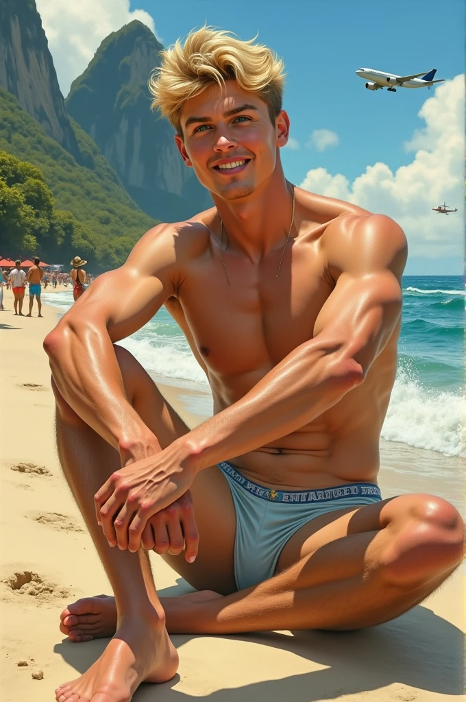 illustracion en norman rockwell style, 17 year old man, whole body, Tall Man, attractive, with fluffy blonde hair, green eyes, broad shoulders, very tall slender, calisthenics body, narrow waist, Developed legs and buttocks, detailed feet, muscular breasts, ripped athletic toned body, divine proportions, gentle look, friendly, sincere smile sitting on the beach leaning on his arms, detailed feet, erect penis under underwear,, smiling, in the background the corcobado in rio, beach bar, people swimming walking, airplanes, boats, a shark seen from behind