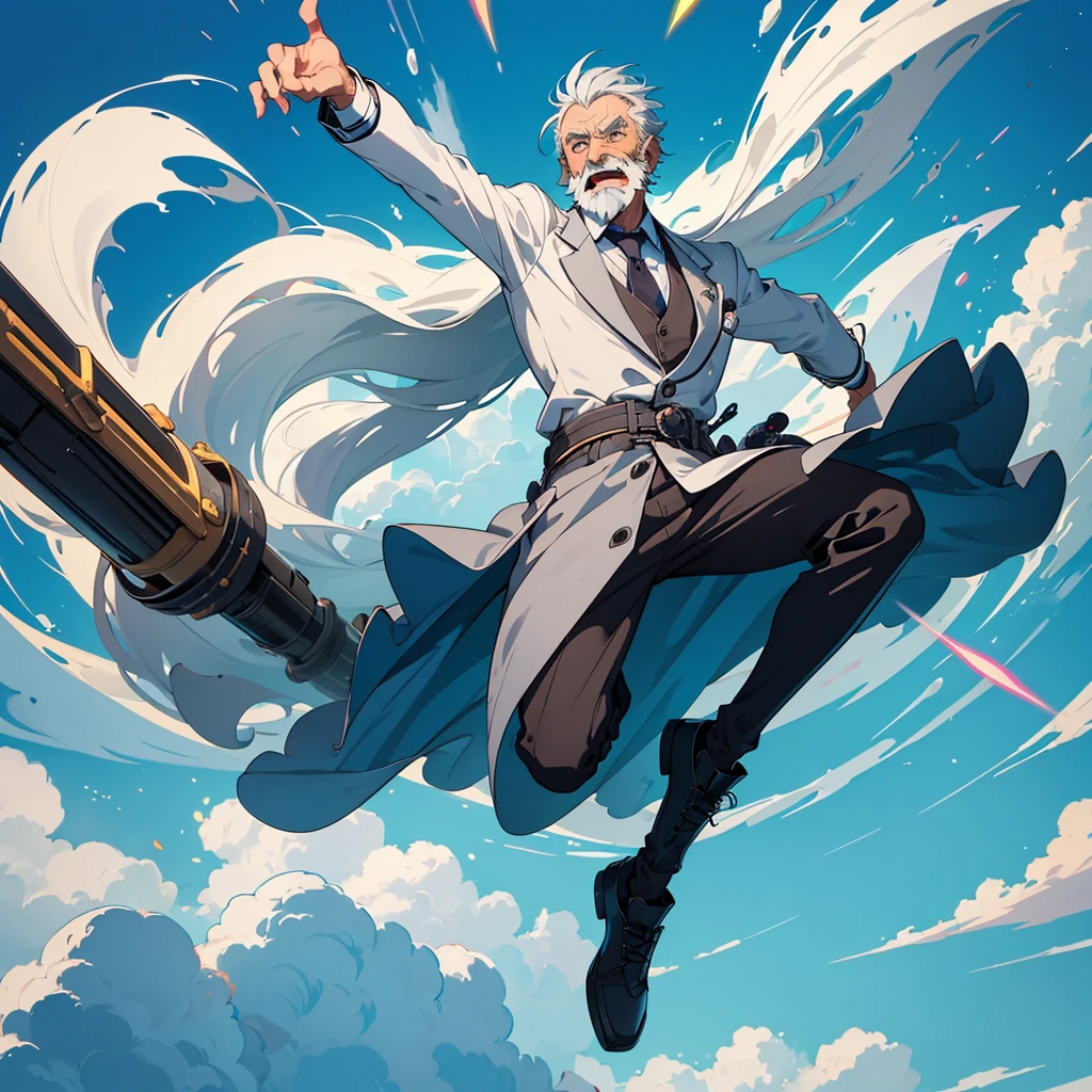 "Create a full-body avatar of an elderly man inspired by the character in the provided image. He has wild, spiky gray hair that sticks out in all directions, with a comically exaggerated, happy expression. His bright, intelligent eyes are wide with excitement, and his large, bushy mustache adds to his quirky appearance. He is wearing a whimsical outfit, similar to a lab coat, but with playful, colorful patterns. The man is depicted as flying, with his legs slightly bent as if he's floating in the air, and his clothes billowing out around him. The background should be a vibrant, fantastical sky with colorful clouds, emphasizing his joyful and eccentric personality."