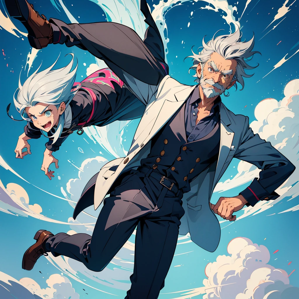 "Create a full-body avatar of an elderly man inspired by the character in the provided image. He has wild, spiky gray hair that sticks out in all directions, with a comically exaggerated, happy expression. His bright, intelligent eyes are wide with excitement, and his large, bushy mustache adds to his quirky appearance. He is wearing a whimsical outfit, similar to a lab coat, but with playful, colorful patterns. The man is depicted as flying, with his legs slightly bent as if he's floating in the air, and his clothes billowing out around him. The background should be a vibrant, fantastical sky with colorful clouds, emphasizing his joyful and eccentric personality."