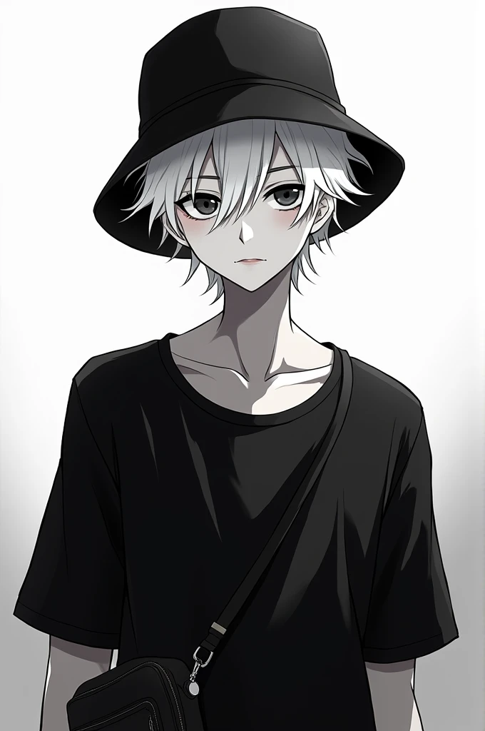 Male, 2d, anime, white hair, black shirt, black eyes, black crossbody bag, idol, black bucket hat