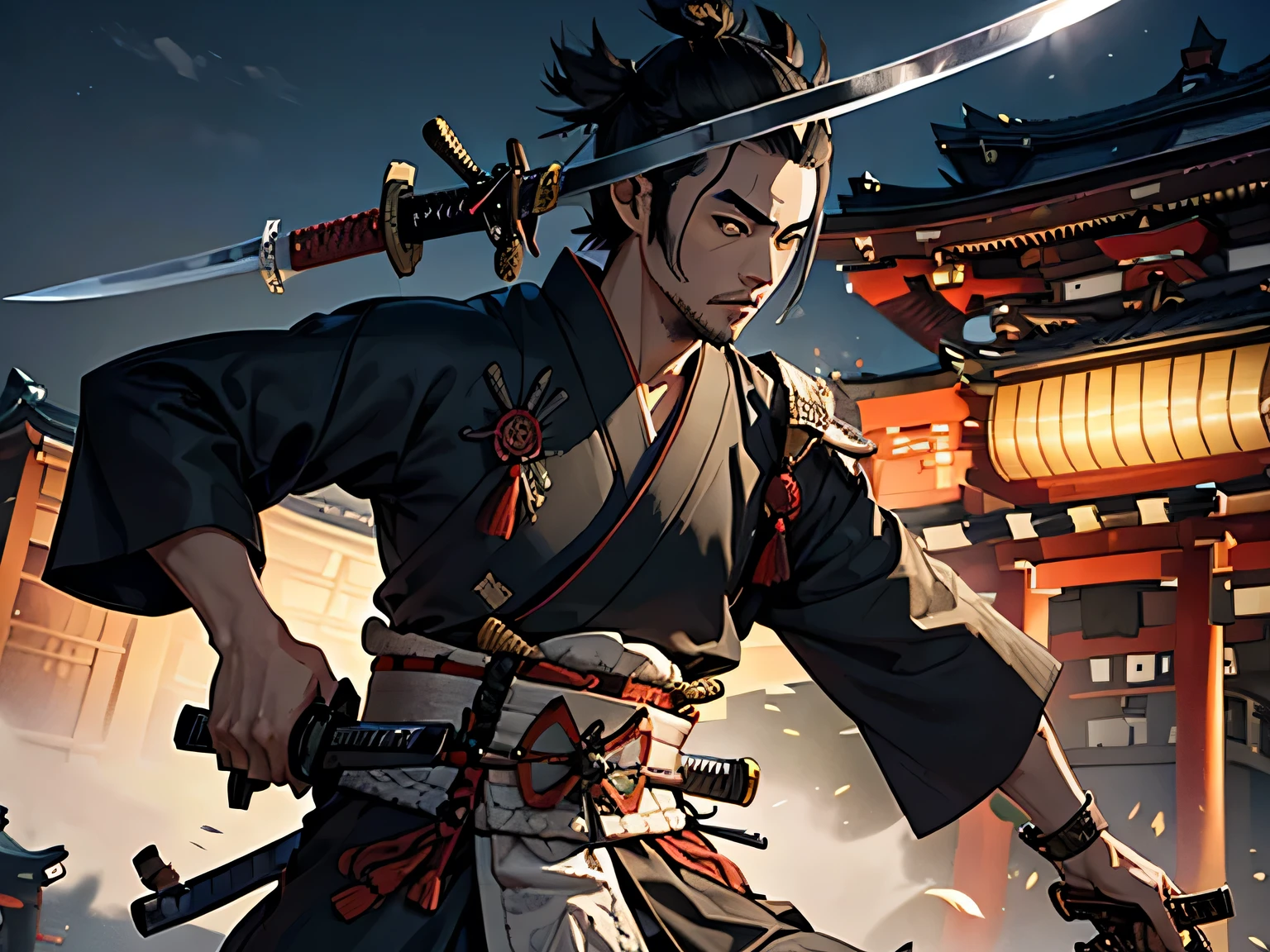 (((A male samurai with a Japanese sword on his waist)))、Edo cityscape