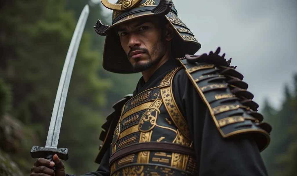Close-up of a person holding a sword in the forest, Afro Samurai, As a samurai, Ghosts of Tsushima, Photo of an adult male warrior, black bull samurai, Samurai costume, warrior, Works inspired by Kano Hogai, inspired by Kōno Michisei, Japanese Warrior, Wearing old samurai clothes, warriorの男の放浪者