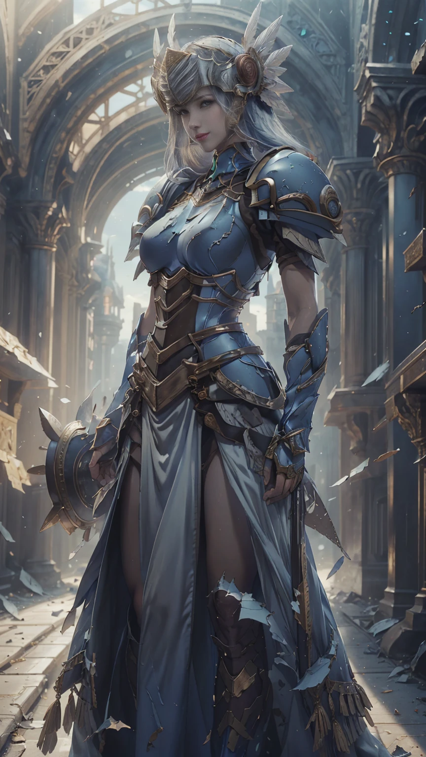 Lenneth from 'Valkyrie profile', blue plate mech4rmor, blue breastplate armor (broken/damaged), damaged armor exposing skin, long skirt,belt,white head ornament,
standing,upper body,arms behind back,
light smile,
plains,castle,
(insanely detailed,  masterpiece, best quality),solo, 