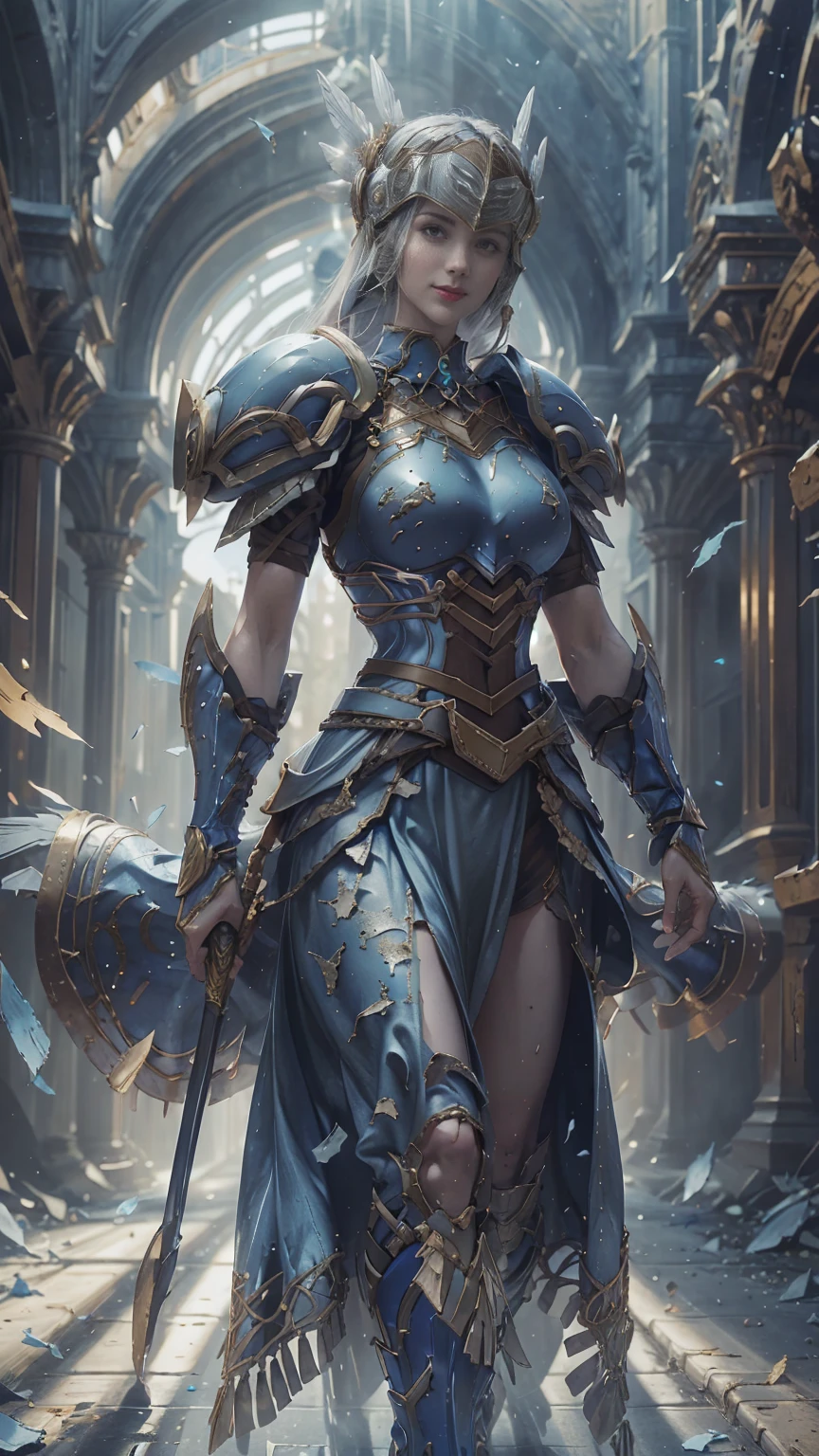 Lenneth from 'Valkyrie profile', blue plate mech4rmor, blue breastplate armor (broken/damaged), damaged armor exposing skin, long skirt,belt,white head ornament,
standing,upper body,arms behind back,
light smile,
plains,castle,
(insanely detailed,  masterpiece, best quality),solo, 